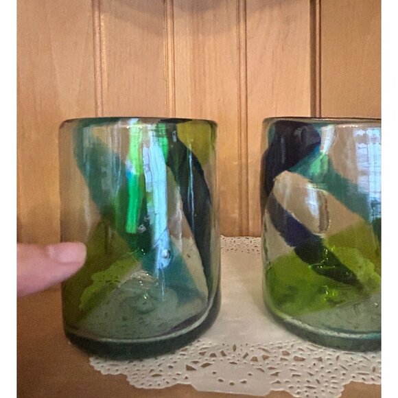 Hand Blown Multicolored Swirl Design Glass Tumblers Cocktails Tequila Blue Green - Picture 3 of 7